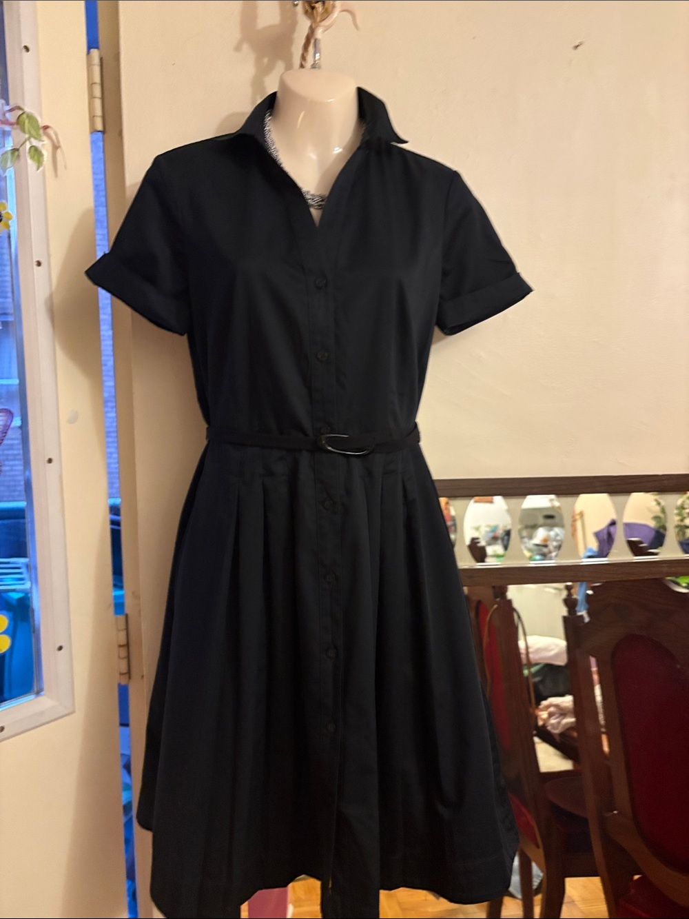 Brooks Brothers Black Short-Sleeve Shirt Dress with Belted Waist. Cotton
